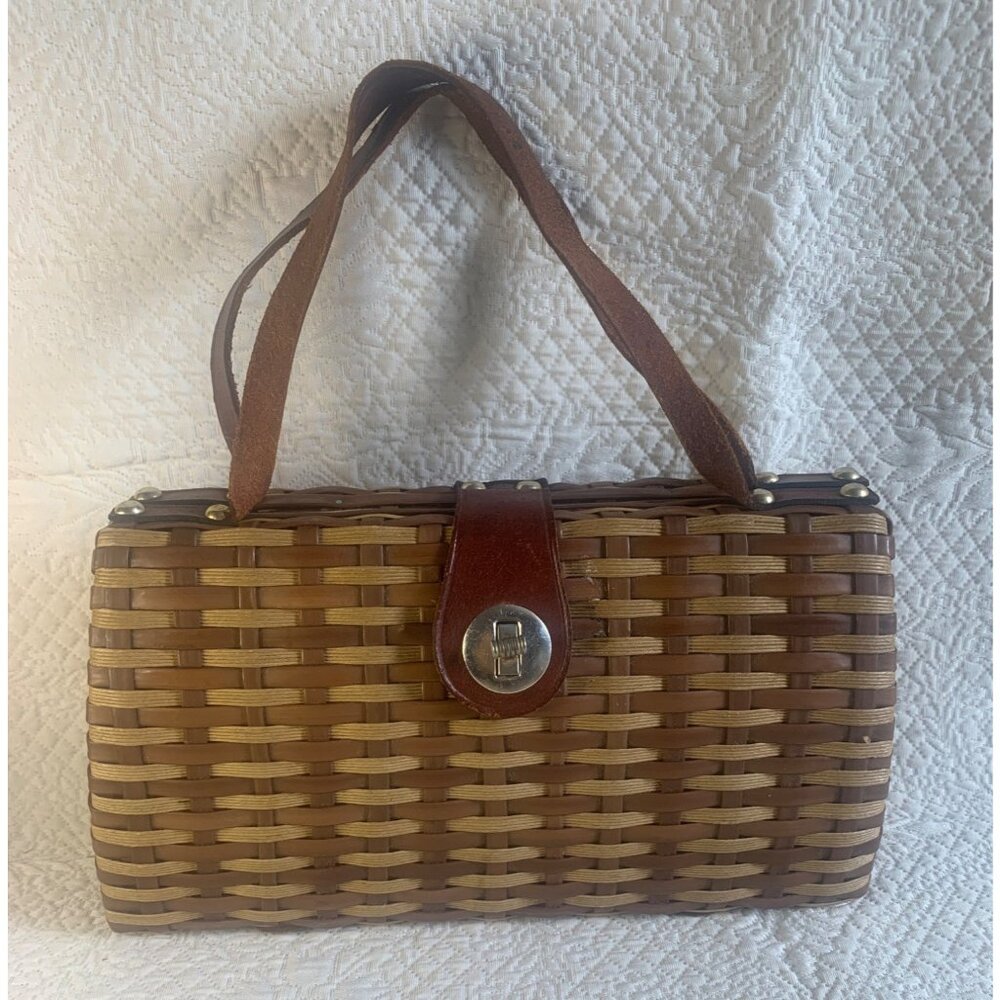 Wicker and Leather Basket Weave Purse Handbag Woven Vintage Hong Kong - Picture 8 of 15